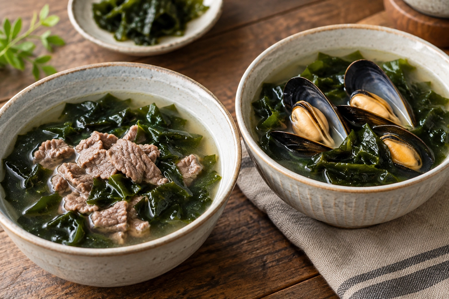 Beef miyeokguk and mussel miyeokguk in separate bowls.