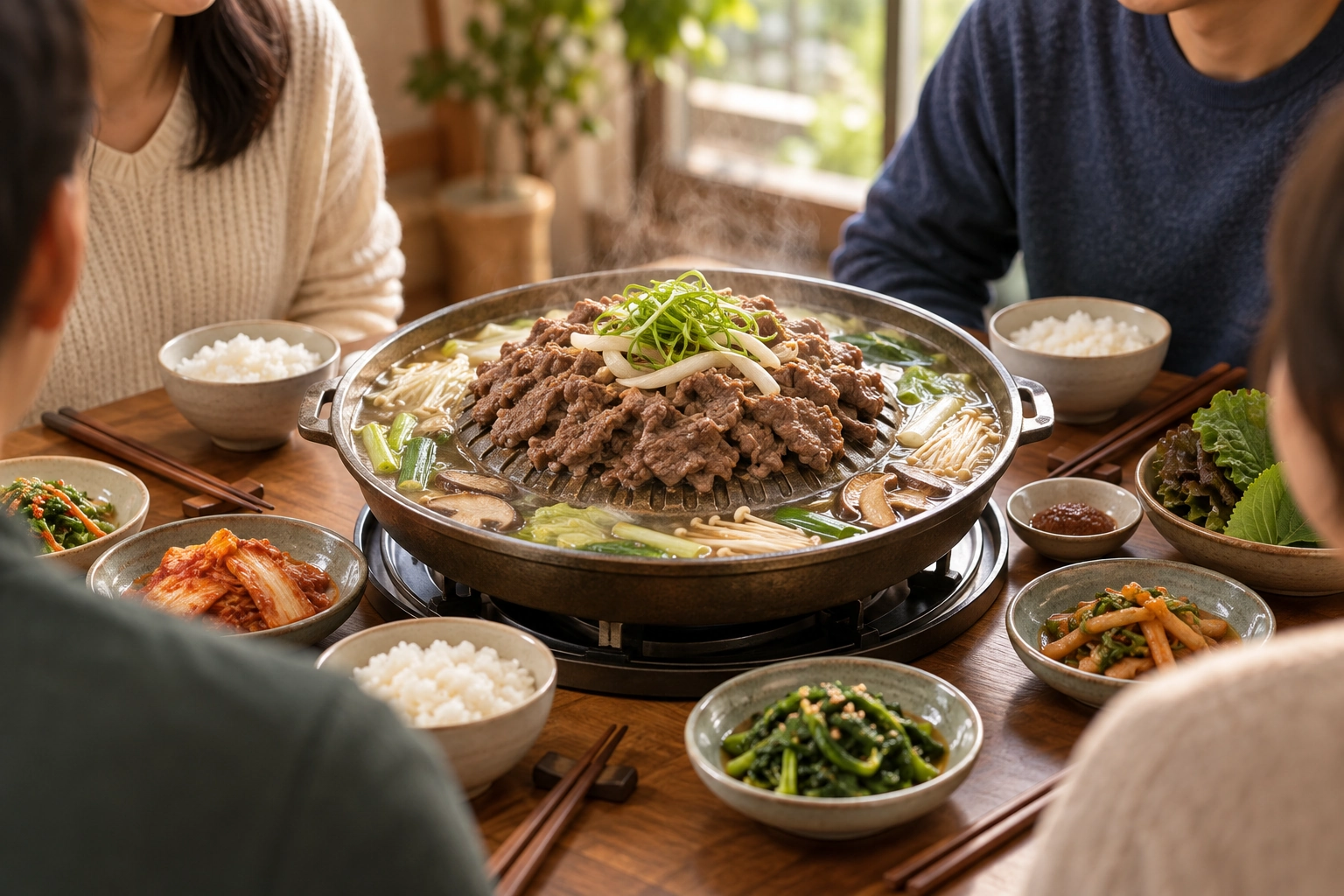 A small group sharing a broth bulgogi pan with individual rice bowls.
