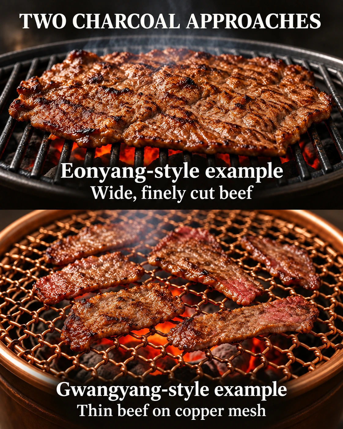 These examples contrast a wide grilled Eonyang-style portion with thin beef on copper mesh.