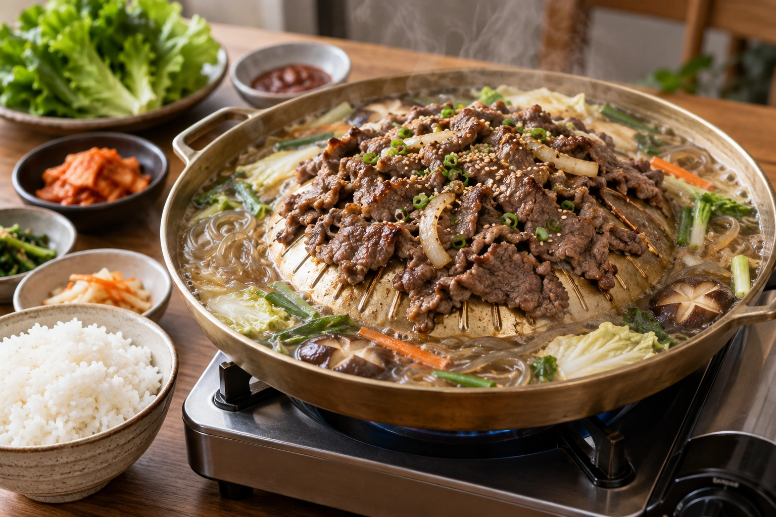 The raised pan keeps beef above a rim of broth, noodles and vegetables.