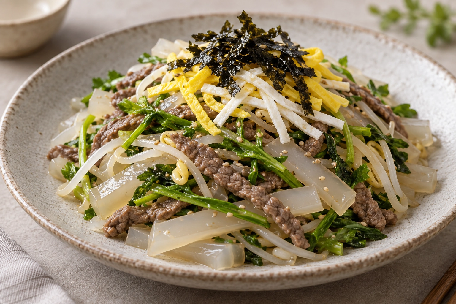 Mung-bean jelly sits alongside separately prepared greens, beef and egg.