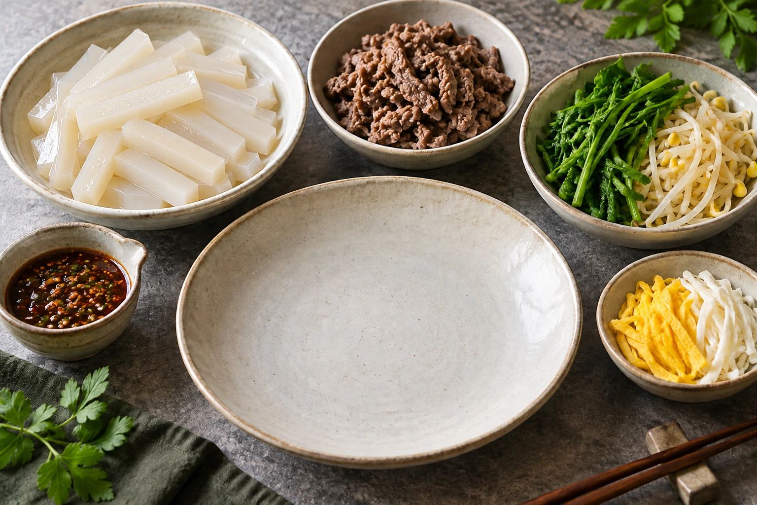 Separate bowls of pale mung-bean jelly, cooked beef, greens, sprouts and egg strips.