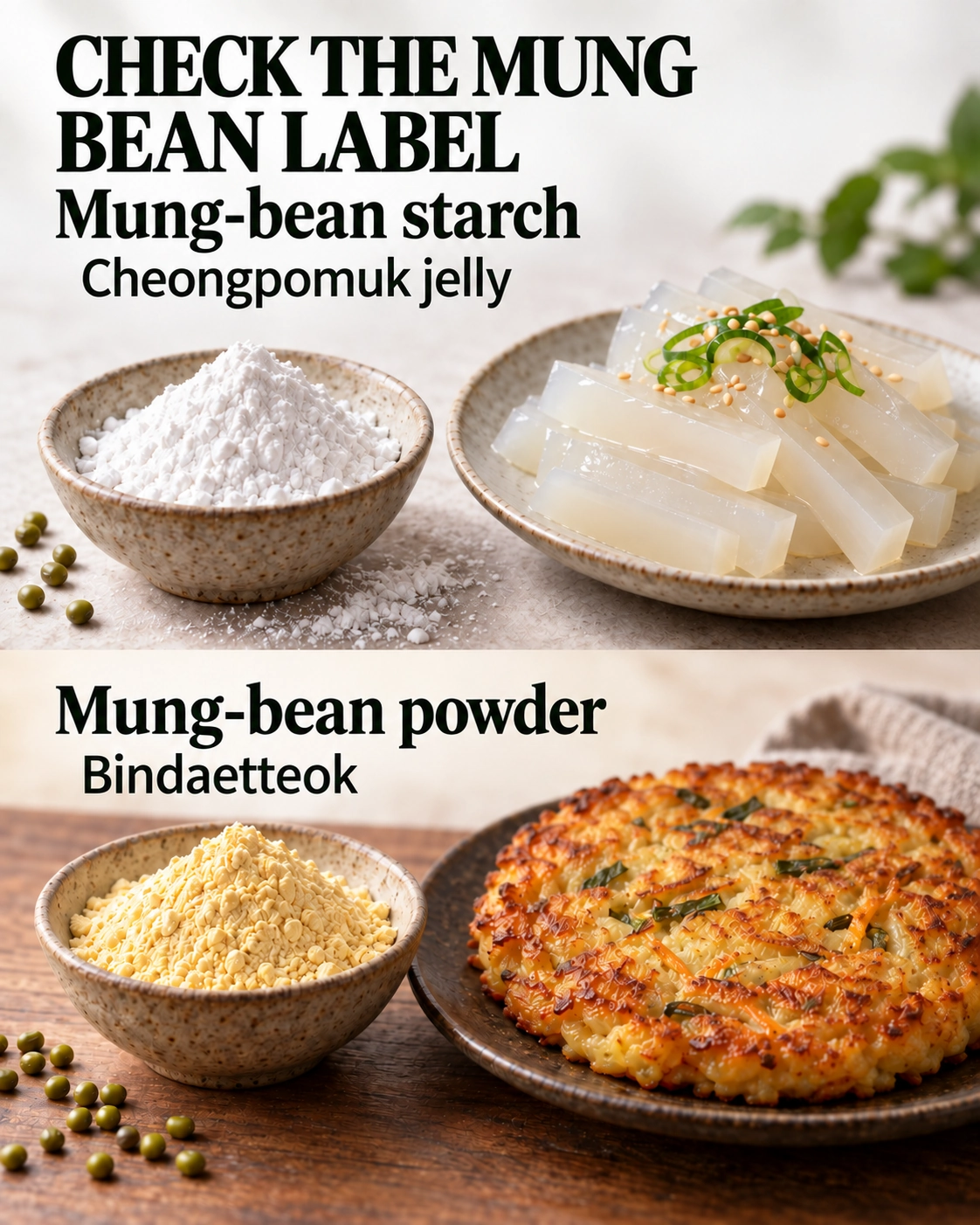 Mung-bean starch for jelly differs from the bean powder used for pancakes.