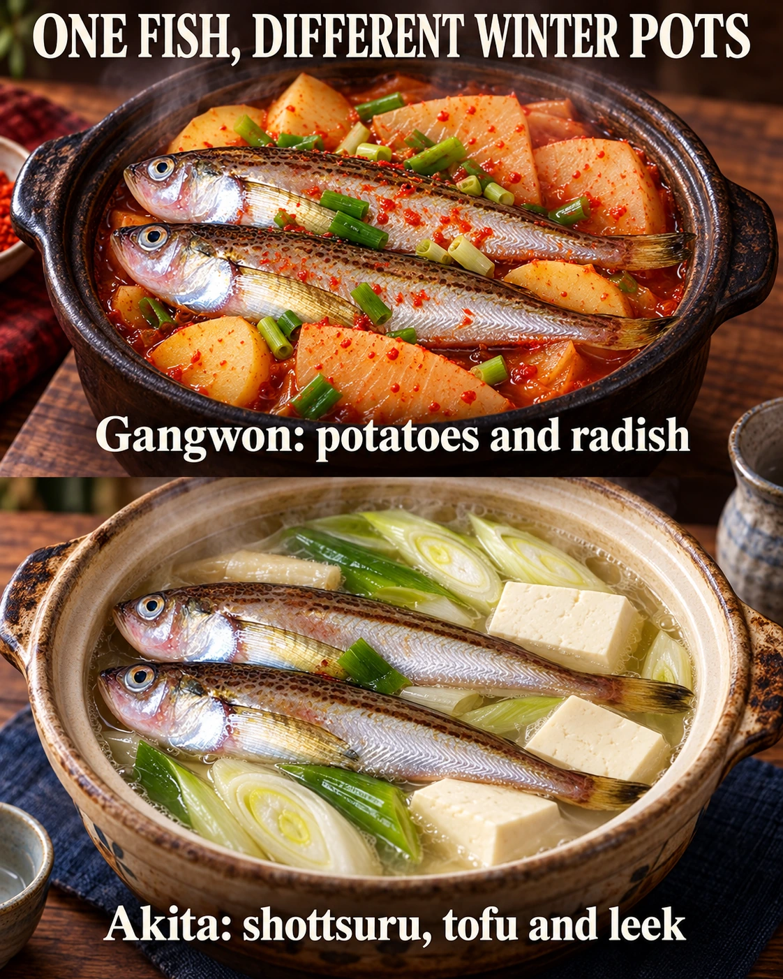 Sandfish arranged with potatoes and radish, or with tofu and leek, before simmering.