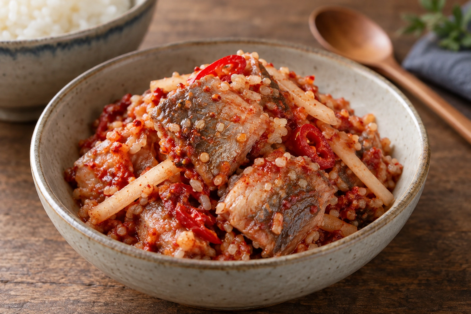 A small side-dish bowl of fermented fish with grains, radish and red seasoning.
