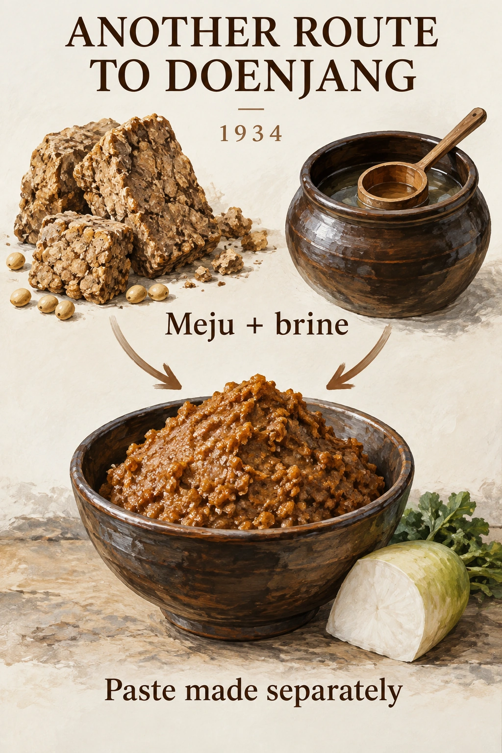 Meju and brine lead toward a separate soybean-paste bowl beneath a 1934 date.