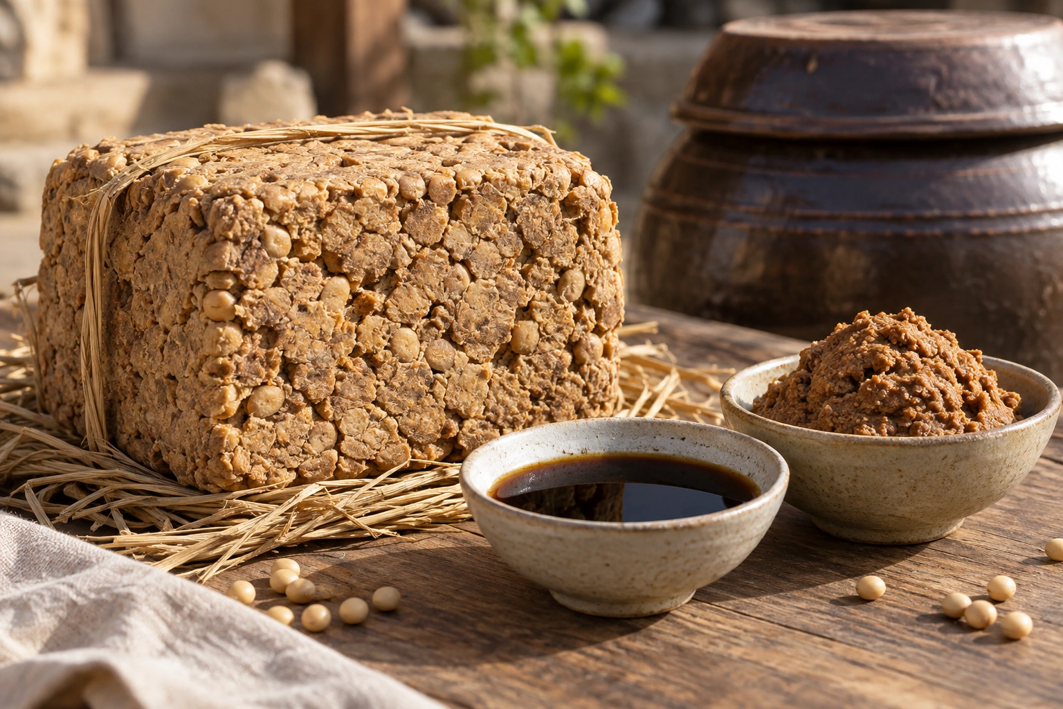 Meju, liquid ganjang and coarse doenjang belong to connected stages of jang-making.