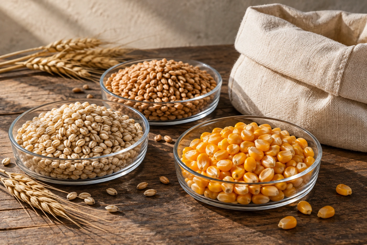 Bowls of barley, wheat and corn beside a plain cotton sack.