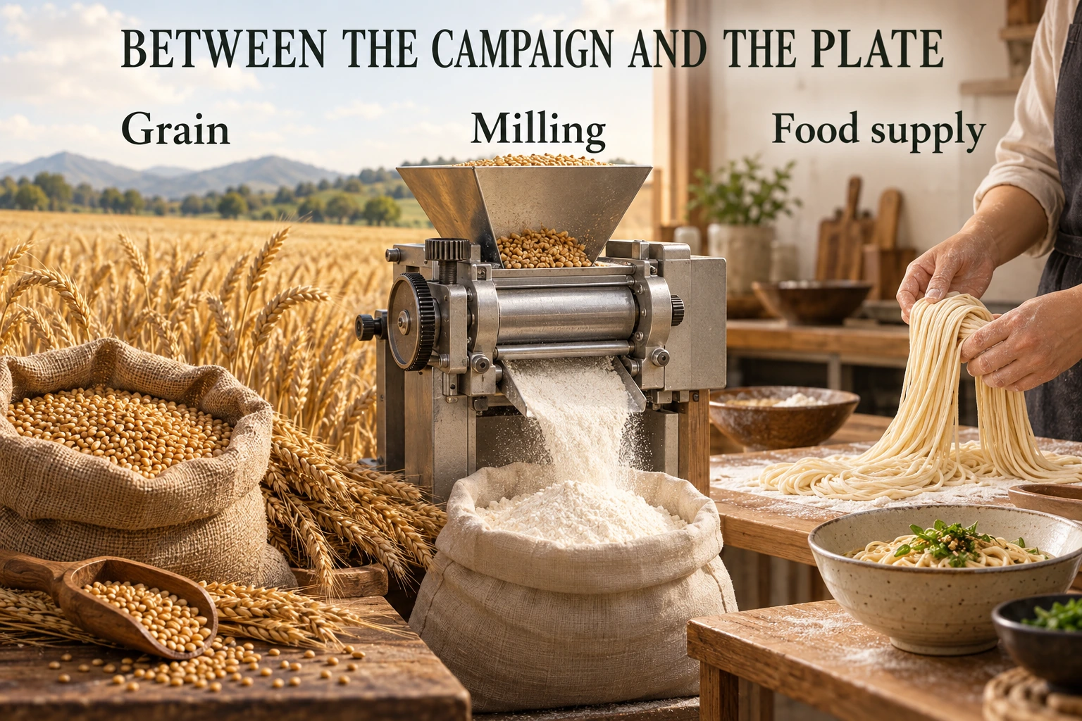 Wheat, a roller mill, flour and noodle preparation show a path toward food supply.