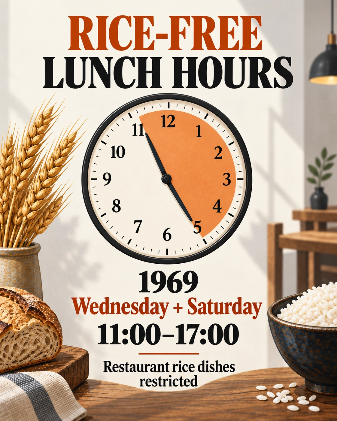 The historical restriction applied to restaurant rice dishes on Wednesday and Saturday, 11:00–17:00.