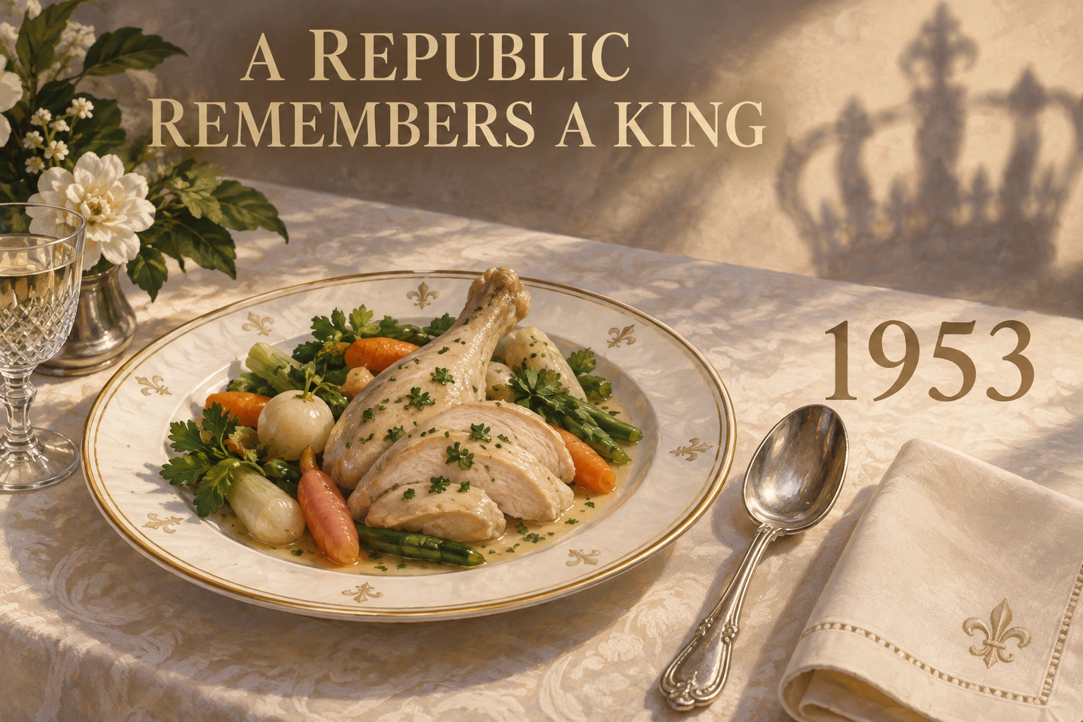 Poached chicken and vegetables beside 1953 lettering and an abstract crown shadow.