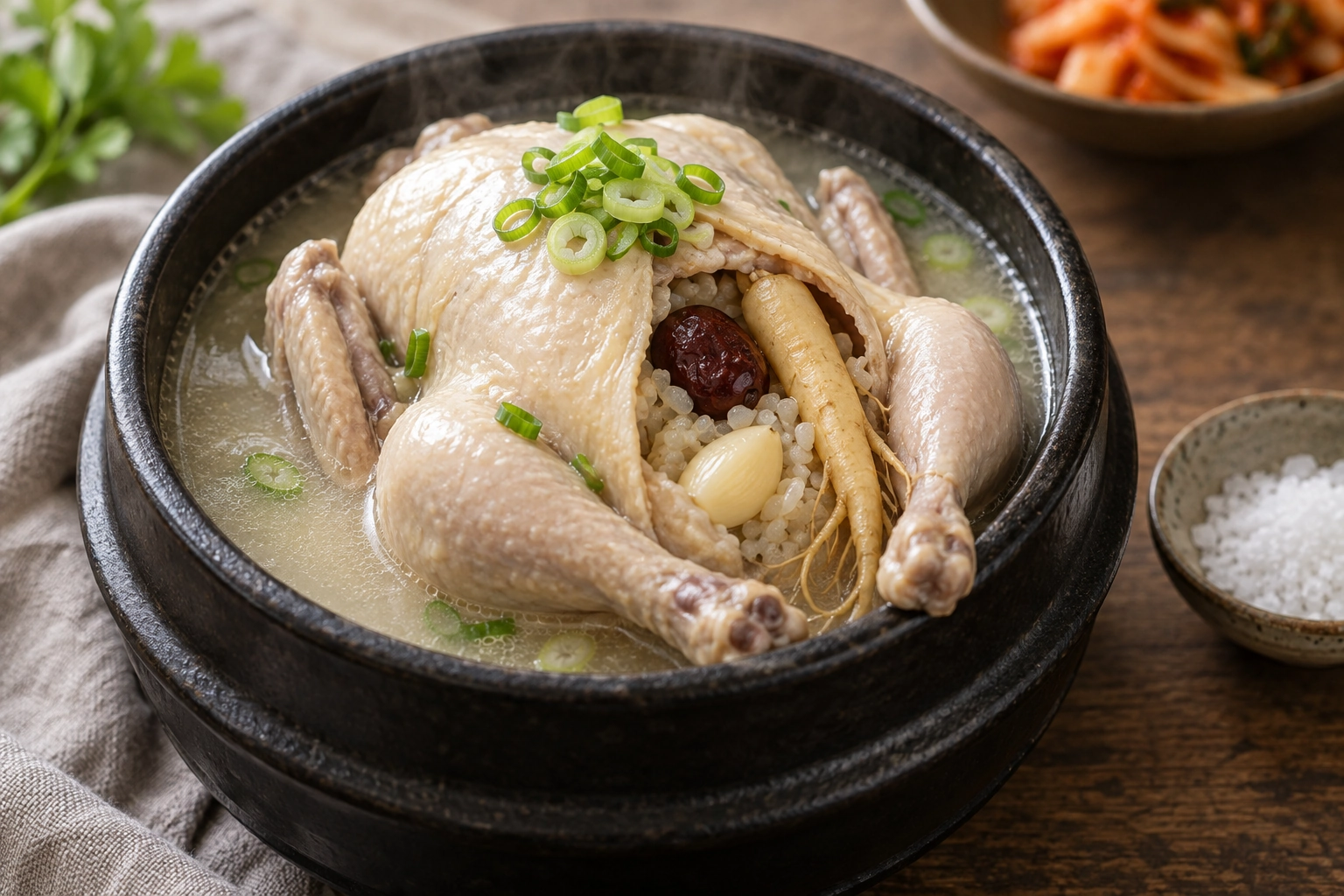 A small chicken stuffed with rice gathers a personal meal into one bowl.