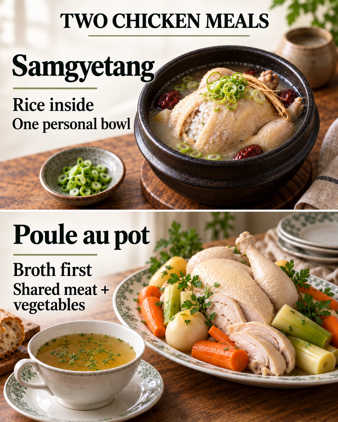 These examples contrast an individual stuffed chicken bowl with broth followed by shared meat and vegetables.