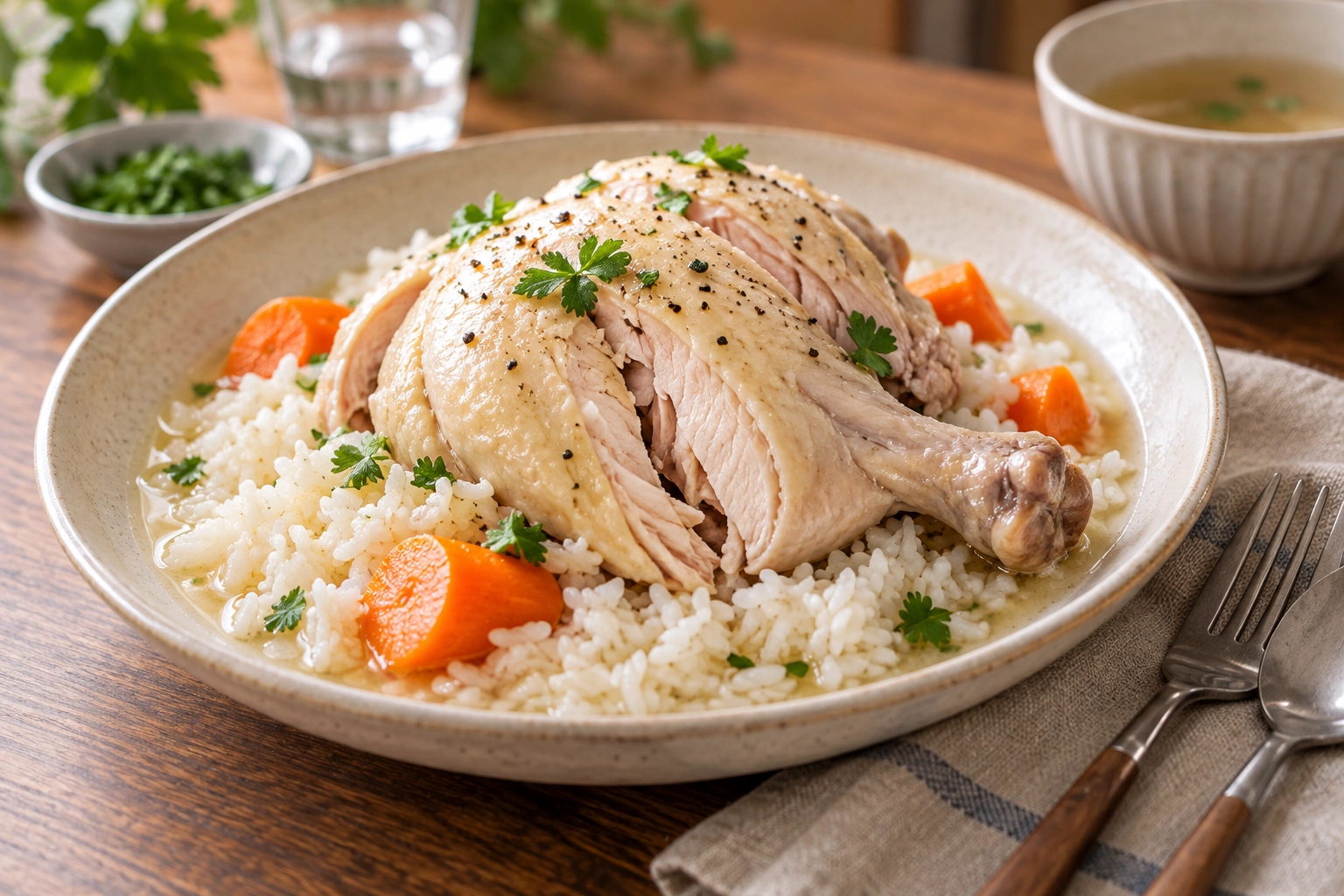 Pale poached chicken served over white rice with a little broth and carrots.
