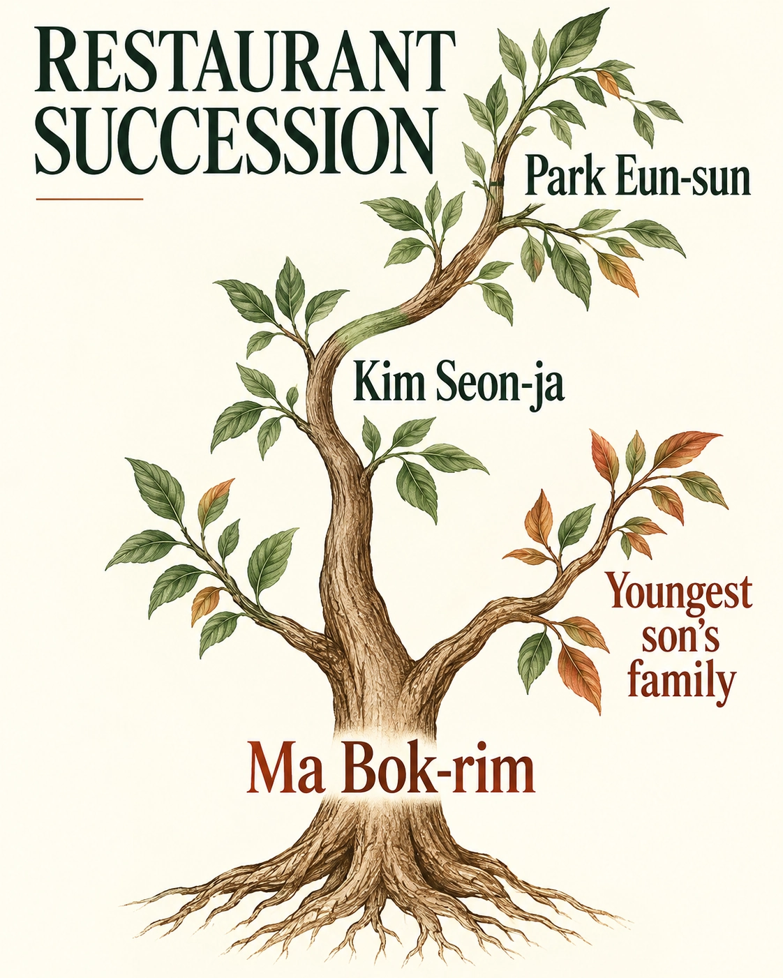 Ma Bok-rim, Kim Seon-ja and Park Eun-sun along a tree, with a separate youngest-son family branch.