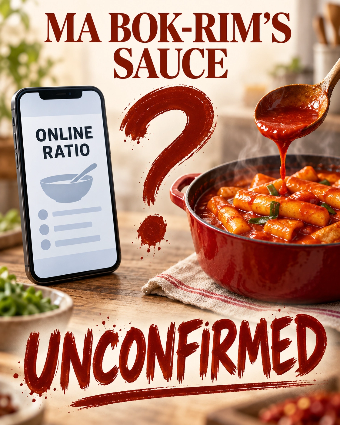 An online-ratio screen and tteokbokki sauce beside a question mark and Unconfirmed lettering.