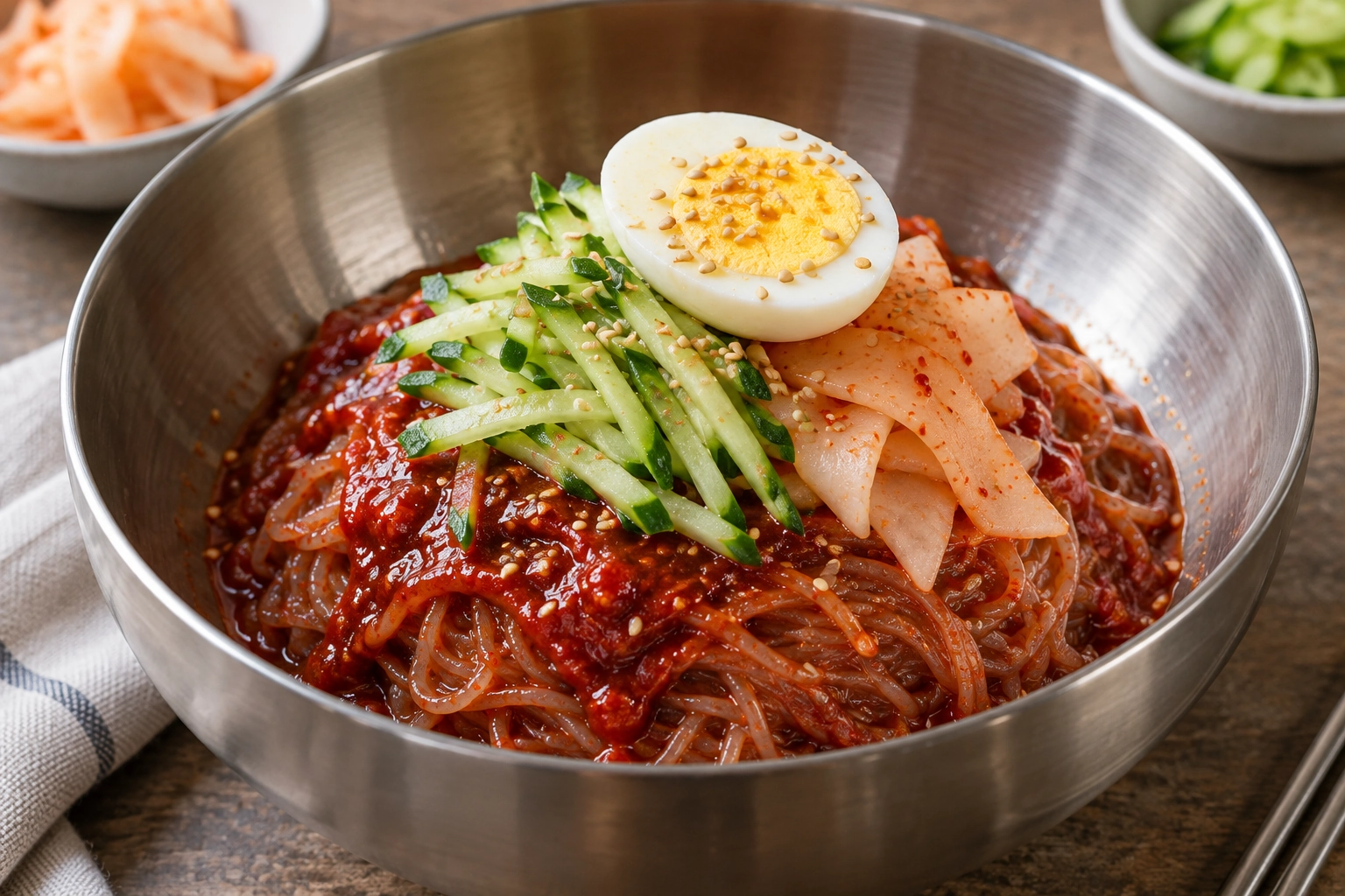 A bibim-style bowl brings starch noodles together with mixed sauce.