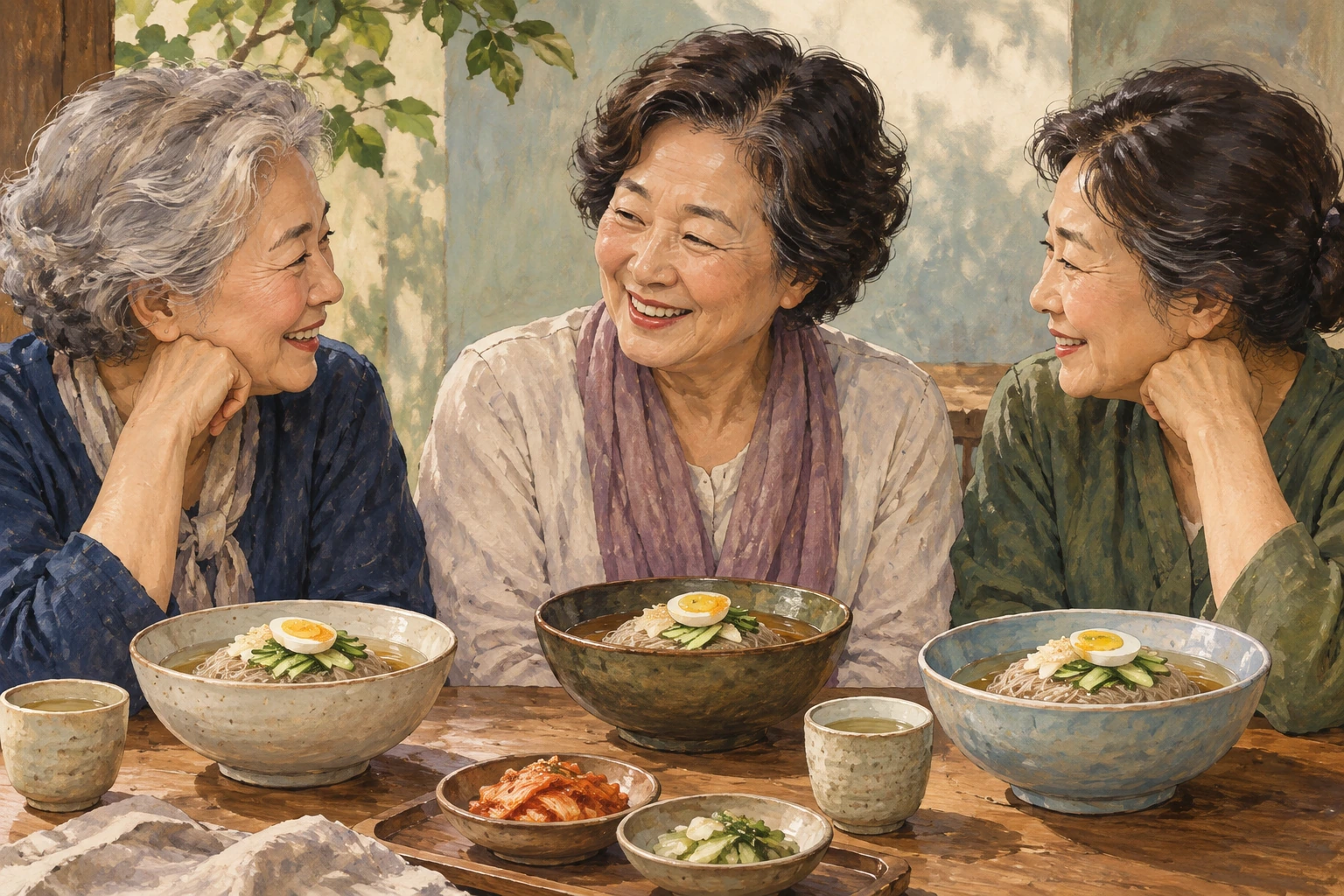 Three older diners conversing around a table with cold noodles.