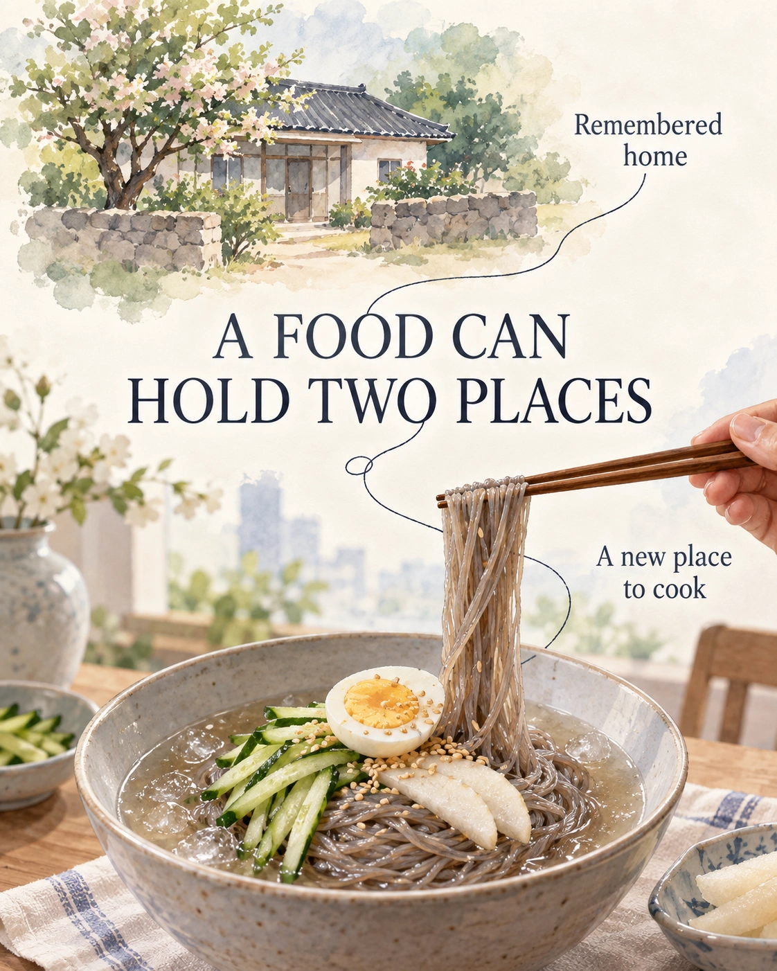 A remembered house connected by an ink thread to a bowl of chilled gray noodles.