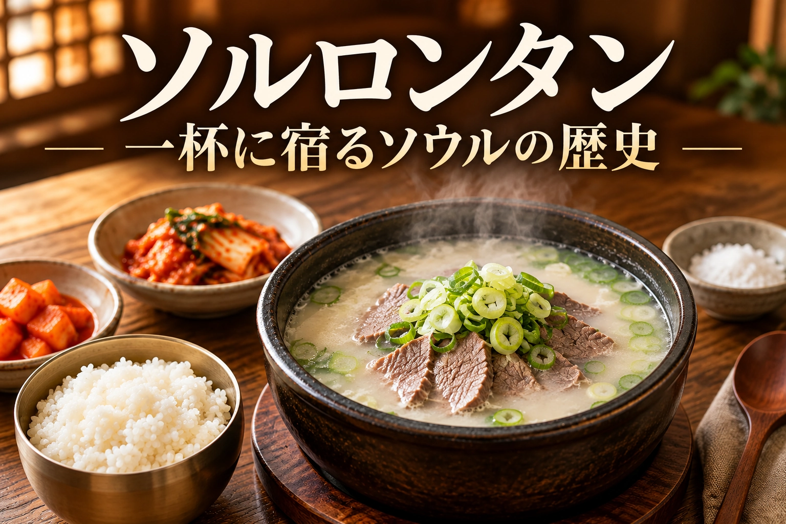ソルロンタン。乳白色の牛肉スープに牛肉とねぎ、ご飯、キムチを添えた食卓