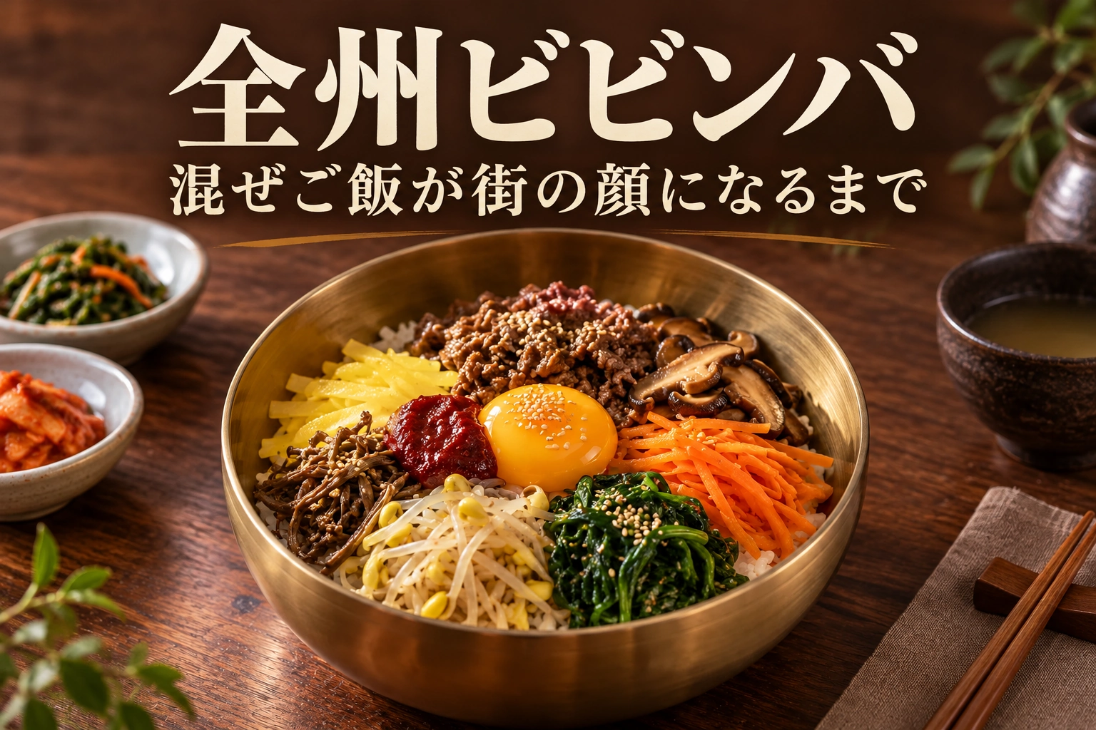 全州ビビンバ。混ぜる前の真鍮の器に盛られたビビンバ
